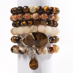 Women's Beaded Bracelet - Natural stones, glass, and zircon - Brown