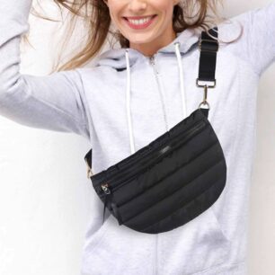 Black quilted belt bag for women, crossbody waist bag