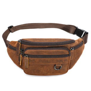 Brown leather sling bag for men front view on white background