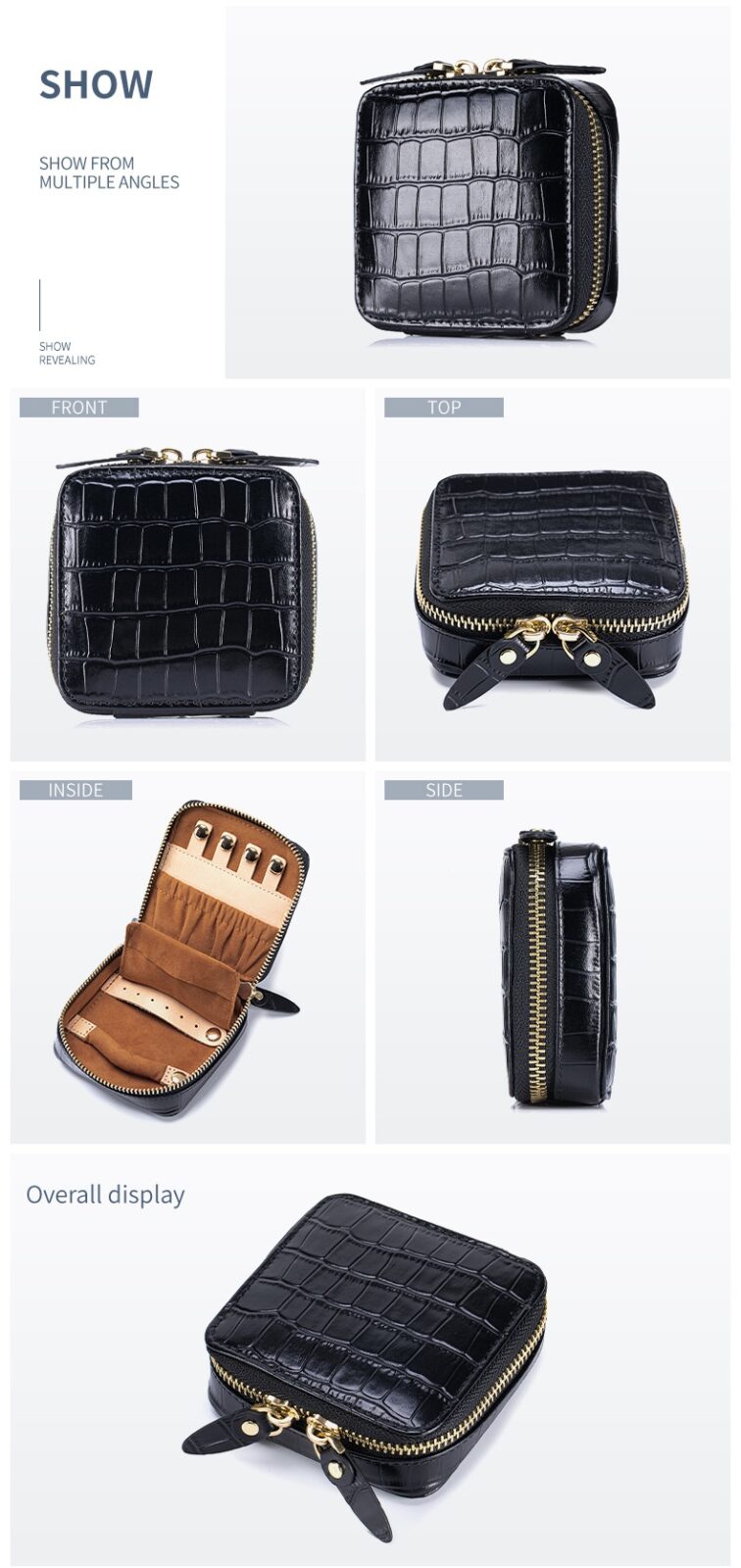 Travel Jewelry Case – Genuine Leather & Black Crocodile-Embossed Finish