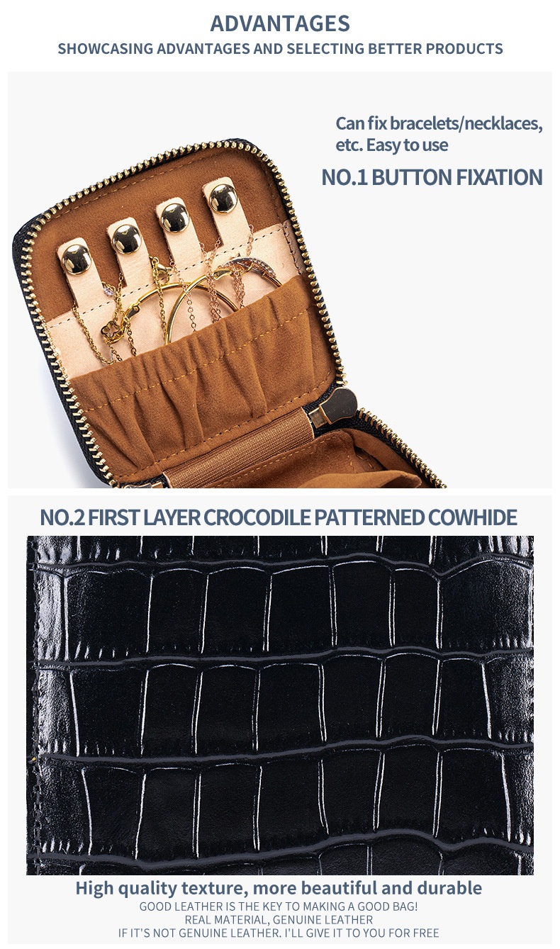 Travel Jewelry Case – Genuine Leather & Black Crocodile-Embossed Finish