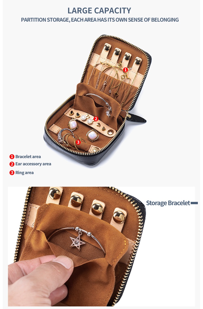 Travel Jewelry Case – Genuine Leather & Black Crocodile-Embossed Finish